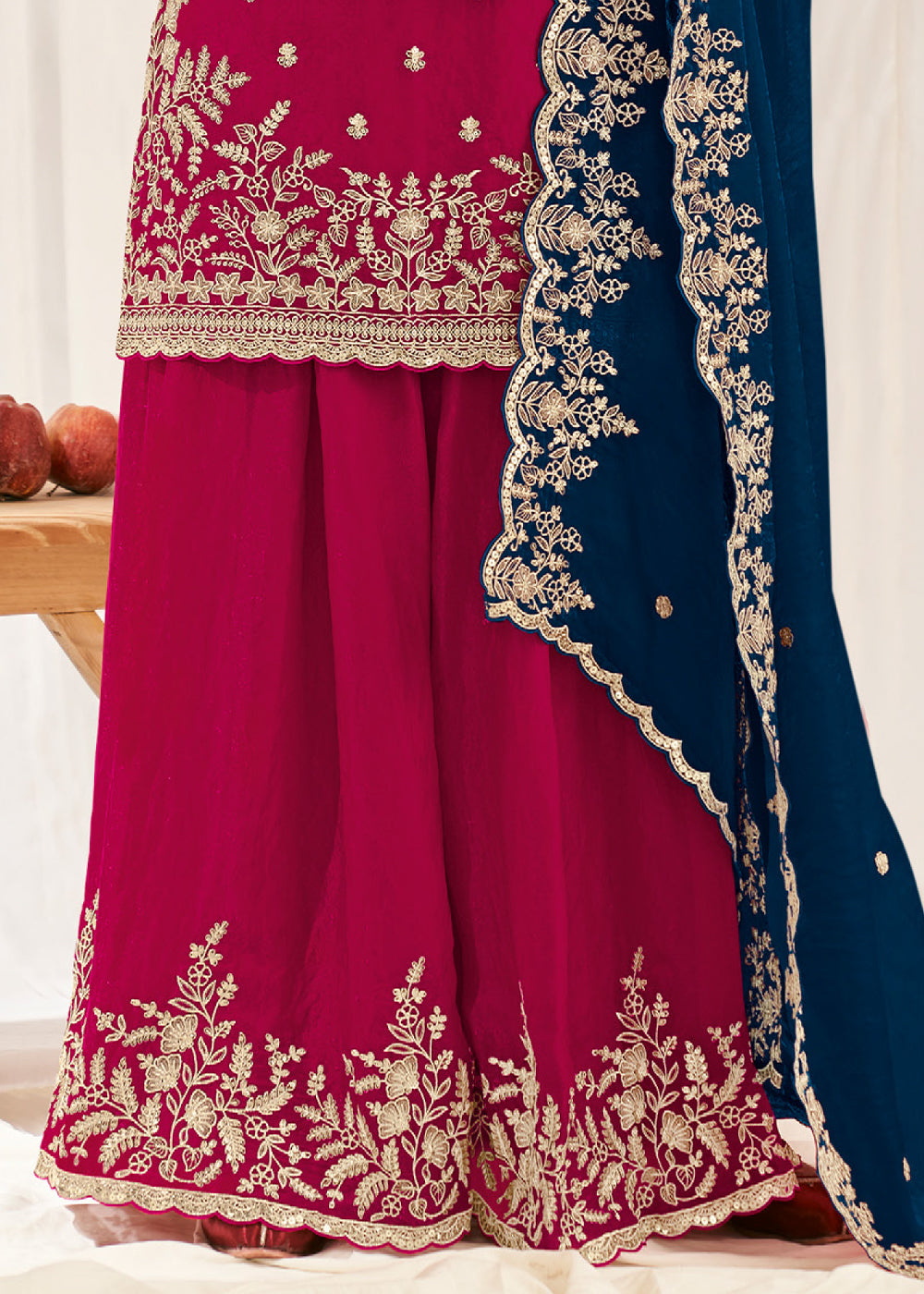 Berry Pink Silk Full Flare Palazzo Suit Set with Heavy Embroidered Zarkan Work