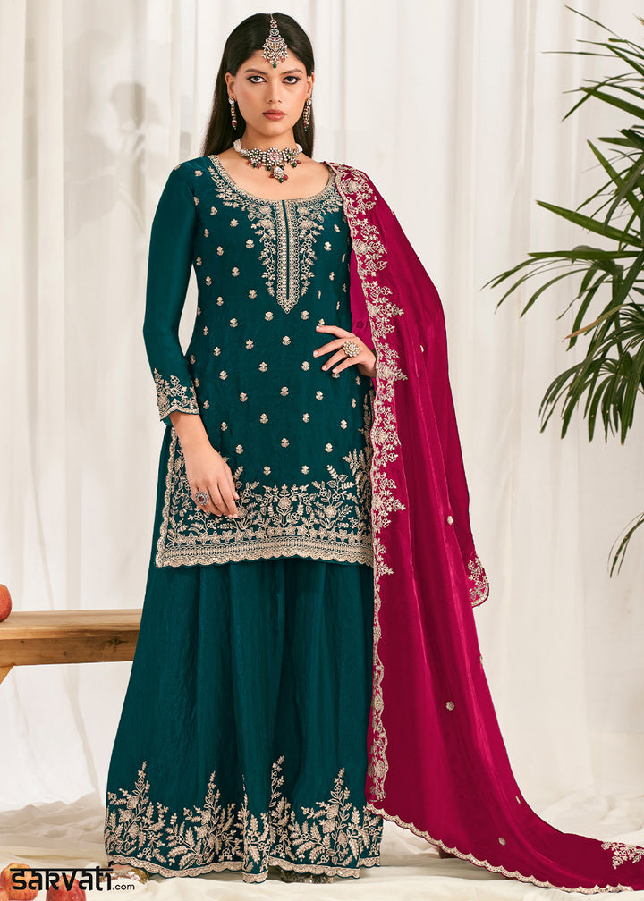 Peacock Green Silk Full Flare Palazzo Suit Set with Heavy Embroidered Zarkan Work