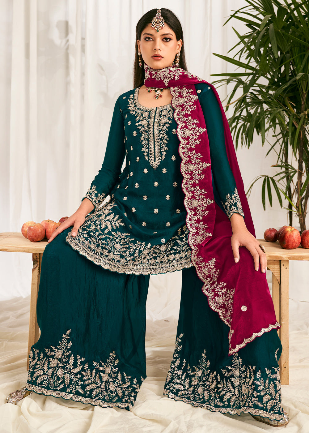 Peacock Green Silk Full Flare Palazzo Suit Set with Heavy Embroidered Zarkan Work