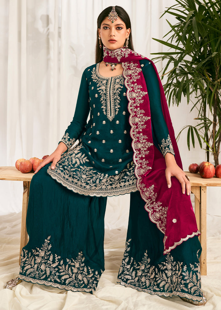 Peacock Green Silk Full Flare Palazzo Suit Set with Heavy Embroidered Zarkan Work