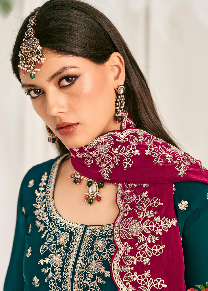 Peacock Green Silk Full Flare Palazzo Suit Set with Heavy Embroidered Zarkan Work