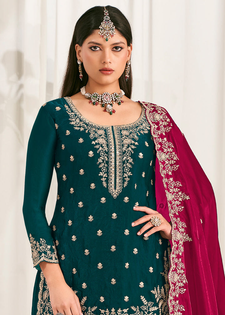 Peacock Green Silk Full Flare Palazzo Suit Set with Heavy Embroidered Zarkan Work