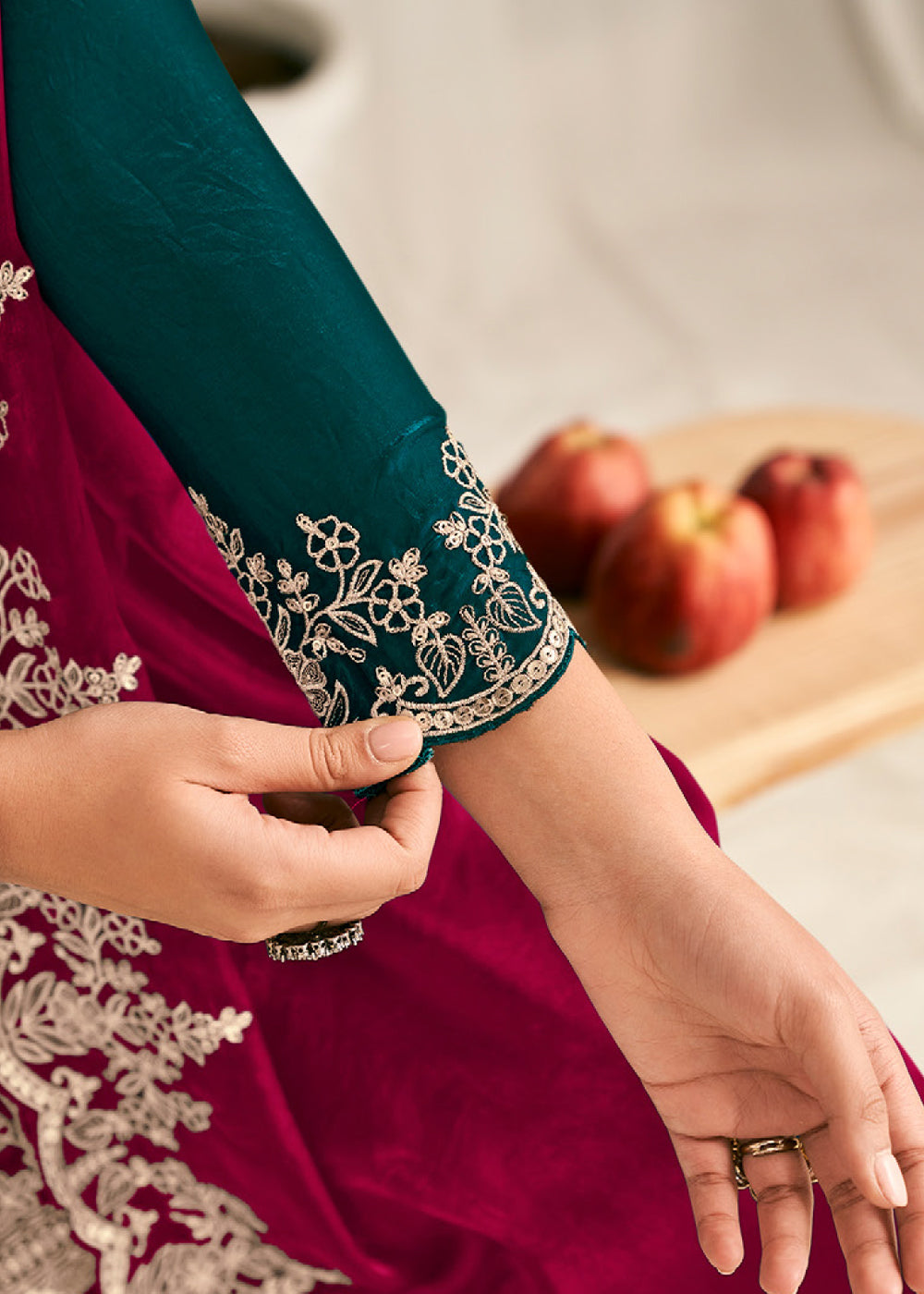 Peacock Green Silk Full Flare Palazzo Suit Set with Heavy Embroidered Zarkan Work
