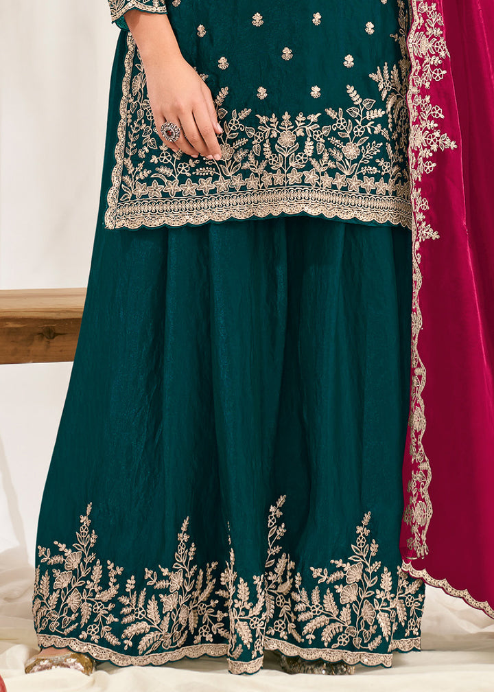 Peacock Green Silk Full Flare Palazzo Suit Set with Heavy Embroidered Zarkan Work