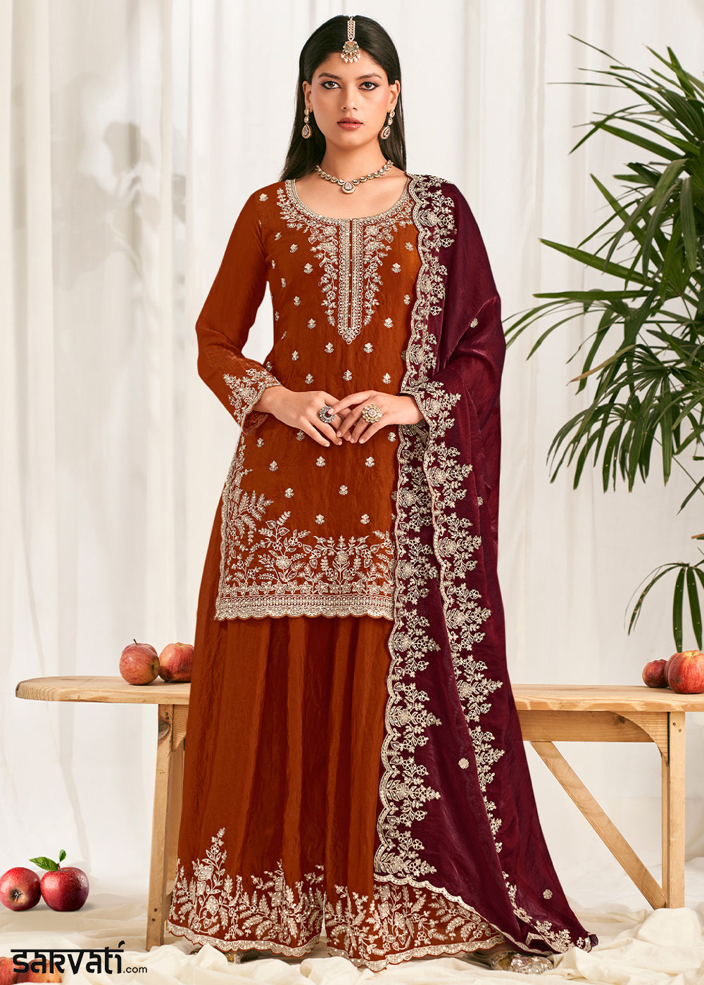 Rust Orange Silk Full Flare Palazzo Suit Set with Heavy Embroidered Zarkan Work