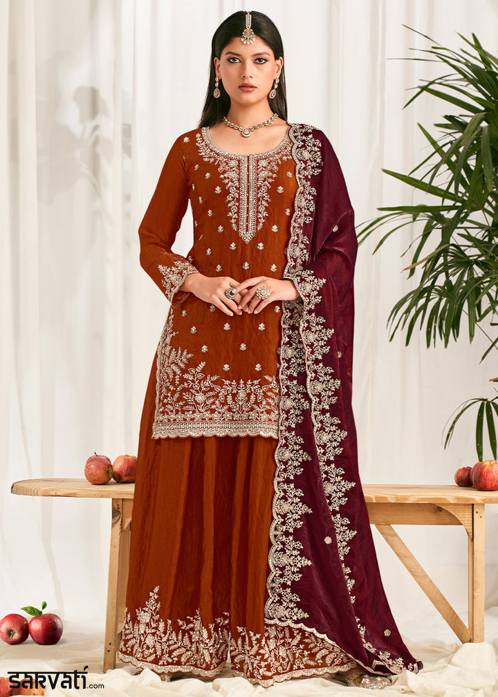Rust Orange Silk Full Flare Palazzo Suit Set with Heavy Embroidered Zarkan Work