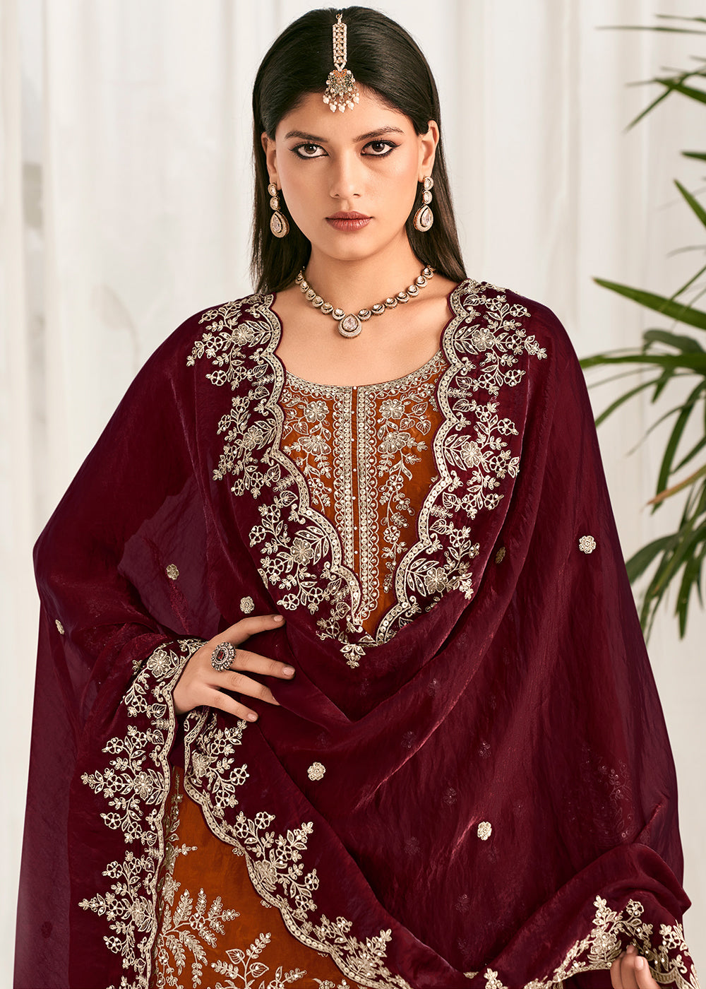 Rust Orange Silk Full Flare Palazzo Suit Set with Heavy Embroidered Zarkan Work