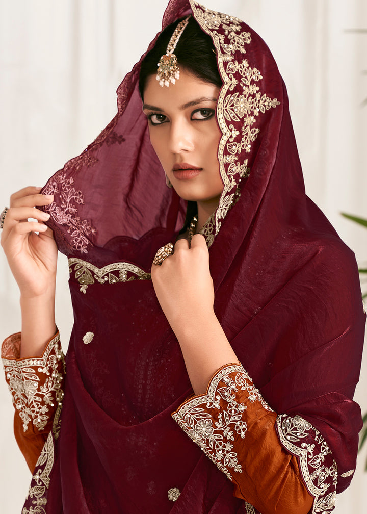 Rust Orange Silk Full Flare Palazzo Suit Set with Heavy Embroidered Zarkan Work