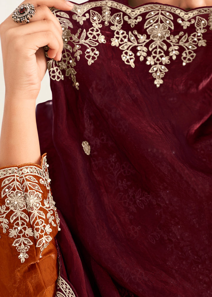 Rust Orange Silk Full Flare Palazzo Suit Set with Heavy Embroidered Zarkan Work