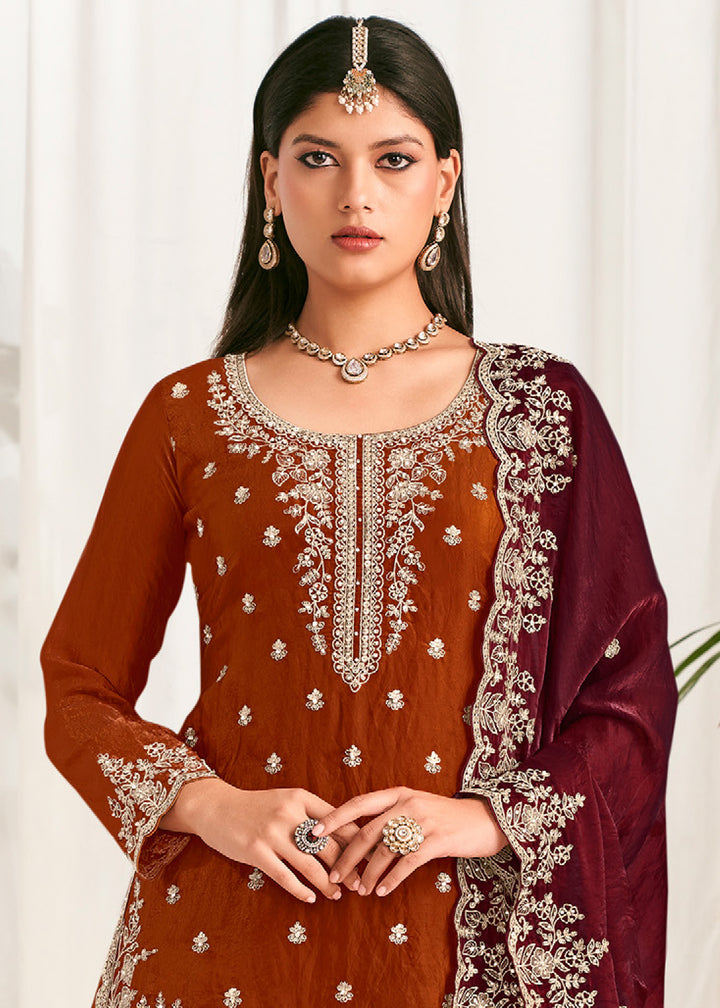Rust Orange Silk Full Flare Palazzo Suit Set with Heavy Embroidered Zarkan Work