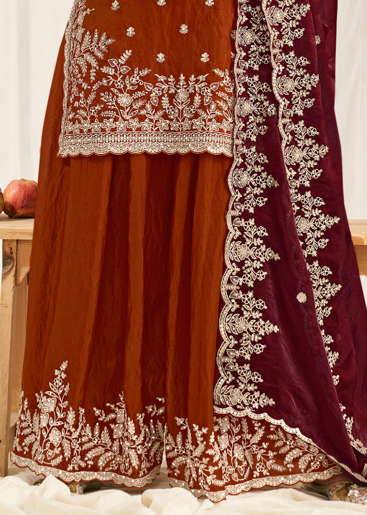 Rust Orange Silk Full Flare Palazzo Suit Set with Heavy Embroidered Zarkan Work