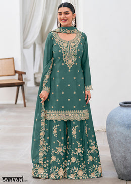 Deep Teal Green Chinon Silk Sharara Suit Set with Zari Floral Embroidery Work