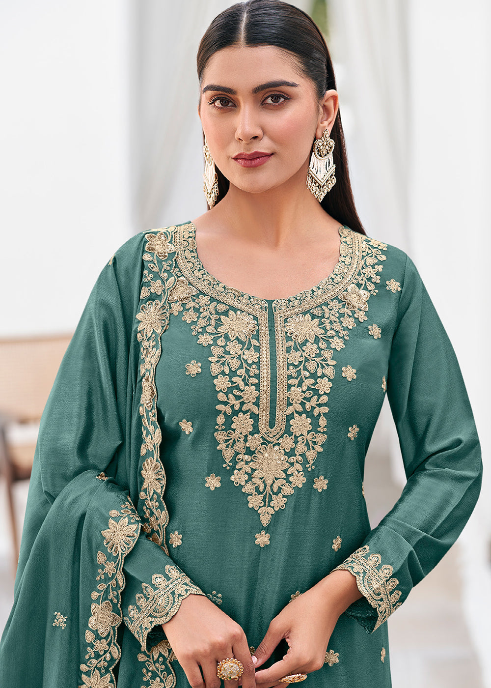 Deep Teal Green Chinon Silk Sharara Suit Set with Zari Floral Embroidery Work