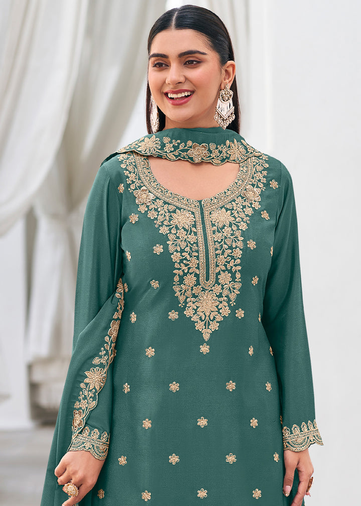 Deep Teal Green Chinon Silk Sharara Suit Set with Zari Floral Embroidery Work