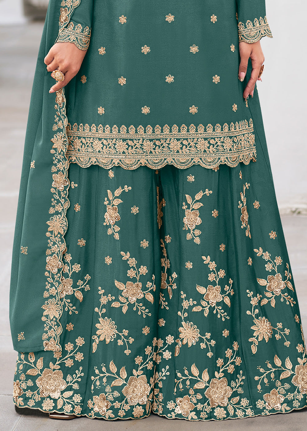 Deep Teal Green Chinon Silk Sharara Suit Set with Zari Floral Embroidery Work