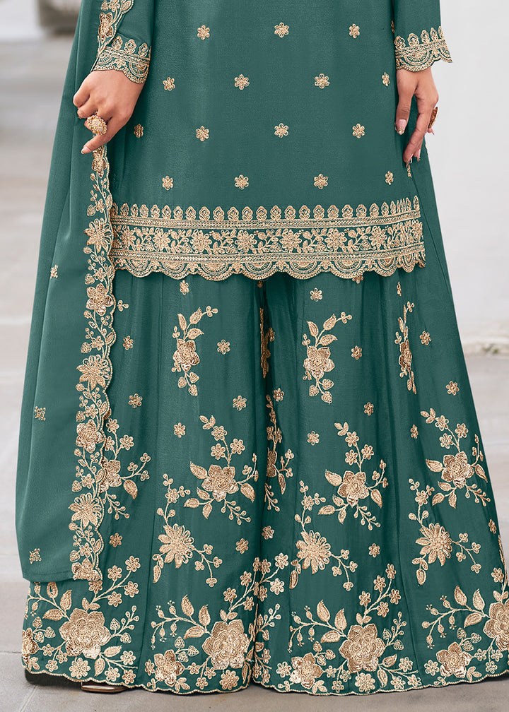 Deep Teal Green Chinon Silk Sharara Suit Set with Zari Floral Embroidery Work