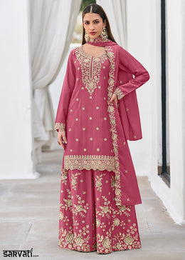 Raspberry Pink Chinon Silk Sharara Suit Set with Zari Floral Embroidery Work