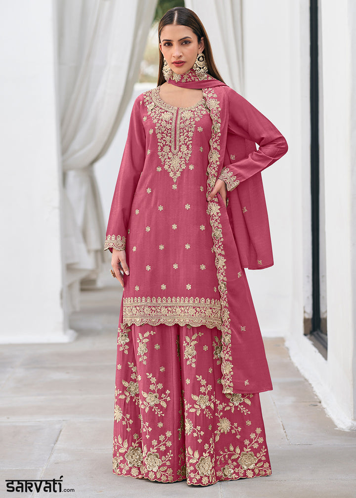 Raspberry Pink Chinon Silk Sharara Suit Set with Zari Floral Embroidery Work