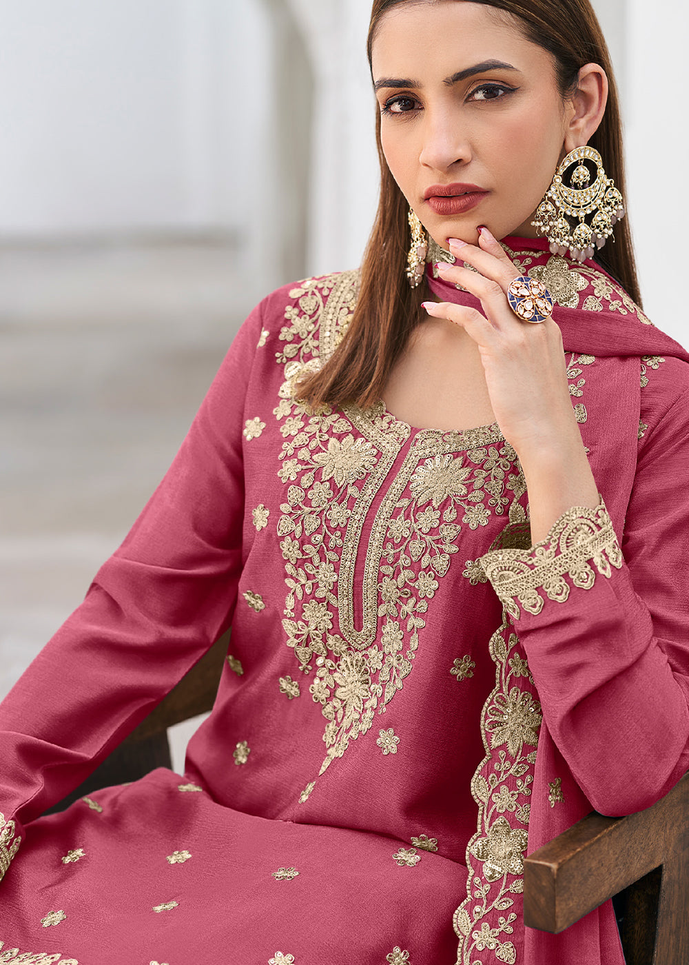 Raspberry Pink Chinon Silk Sharara Suit Set with Zari Floral Embroidery Work