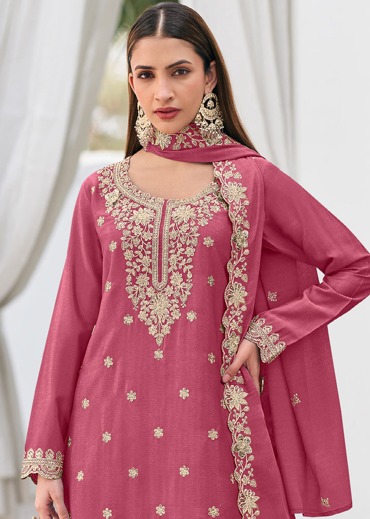 Raspberry Pink Chinon Silk Sharara Suit Set with Zari Floral Embroidery Work