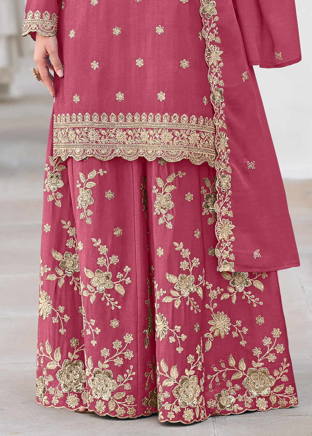 Raspberry Pink Chinon Silk Sharara Suit Set with Zari Floral Embroidery Work
