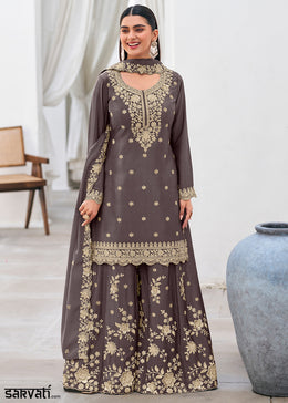 Seal Grey Chinon Silk Sharara Suit Set with Zari Floral Embroidery Work
