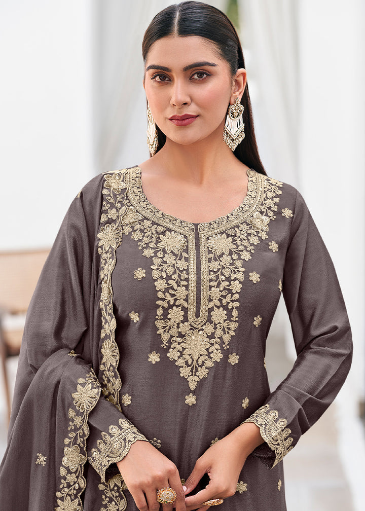 Seal Grey Chinon Silk Sharara Suit Set with Zari Floral Embroidery Work