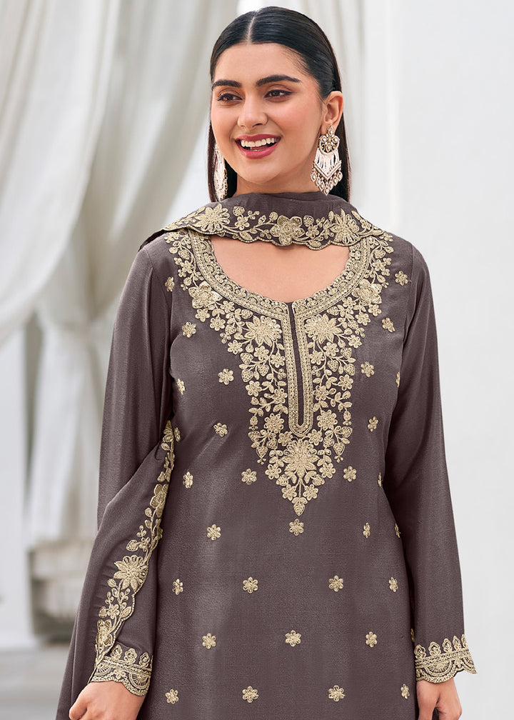 Seal Grey Chinon Silk Sharara Suit Set with Zari Floral Embroidery Work