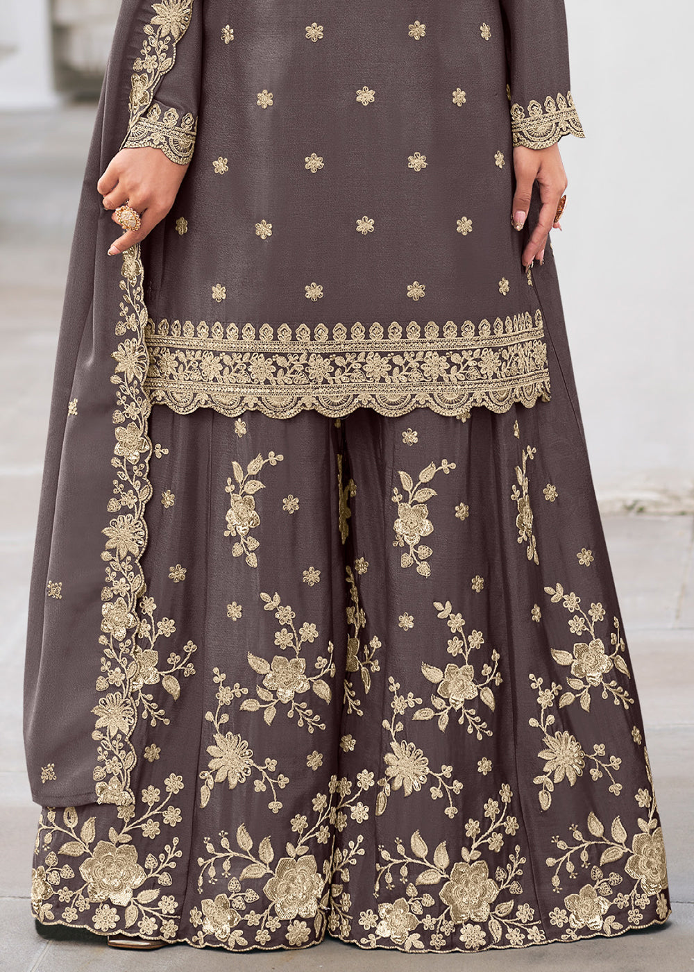 Seal Grey Chinon Silk Sharara Suit Set with Zari Floral Embroidery Work