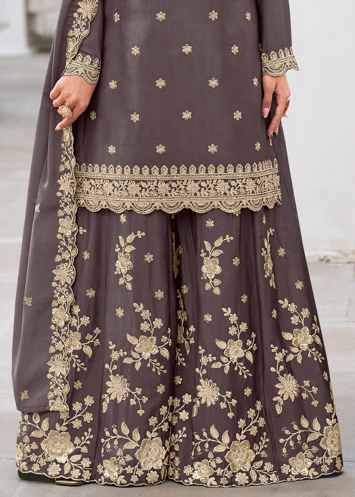 Seal Grey Chinon Silk Sharara Suit Set with Zari Floral Embroidery Work