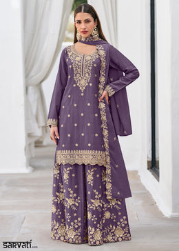 French Lilac Purple Chinon Silk Sharara Suit Set with Zari Floral Embroidery Work