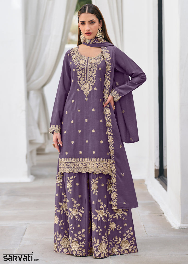 French Lilac Purple Chinon Silk Sharara Suit Set with Zari Floral Embroidery Work