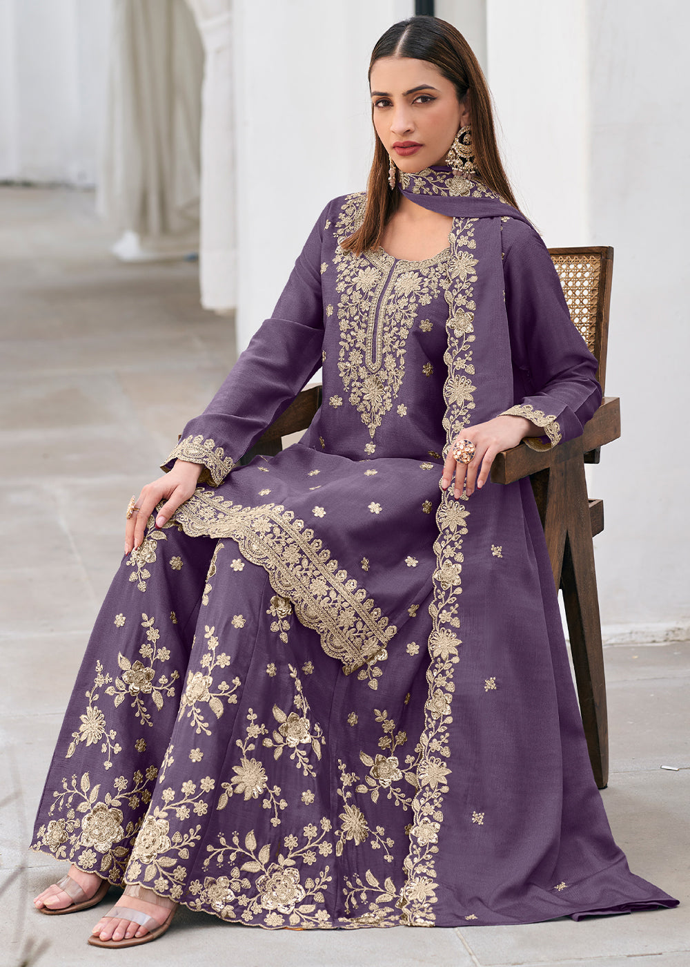French Lilac Purple Chinon Silk Sharara Suit Set with Zari Floral Embroidery Work