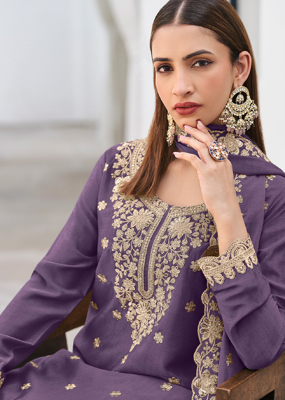 French Lilac Purple Chinon Silk Sharara Suit Set with Zari Floral Embroidery Work