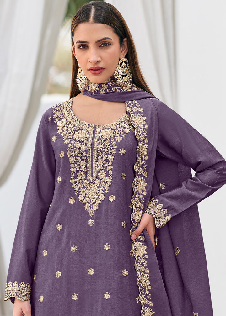French Lilac Purple Chinon Silk Sharara Suit Set with Zari Floral Embroidery Work