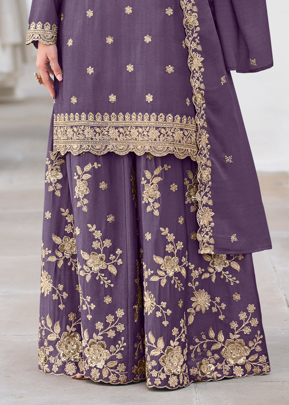 French Lilac Purple Chinon Silk Sharara Suit Set with Zari Floral Embroidery Work