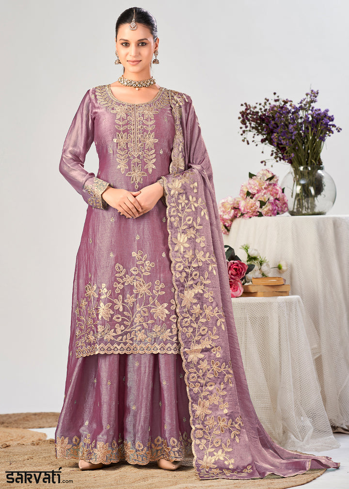 Orchid Mauve Purple Silk Palazzo Suit Set with Gota & Zarkan Work