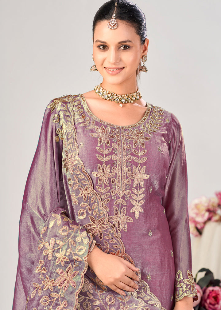 Orchid Mauve Purple Silk Palazzo Suit Set with Gota & Zarkan Work