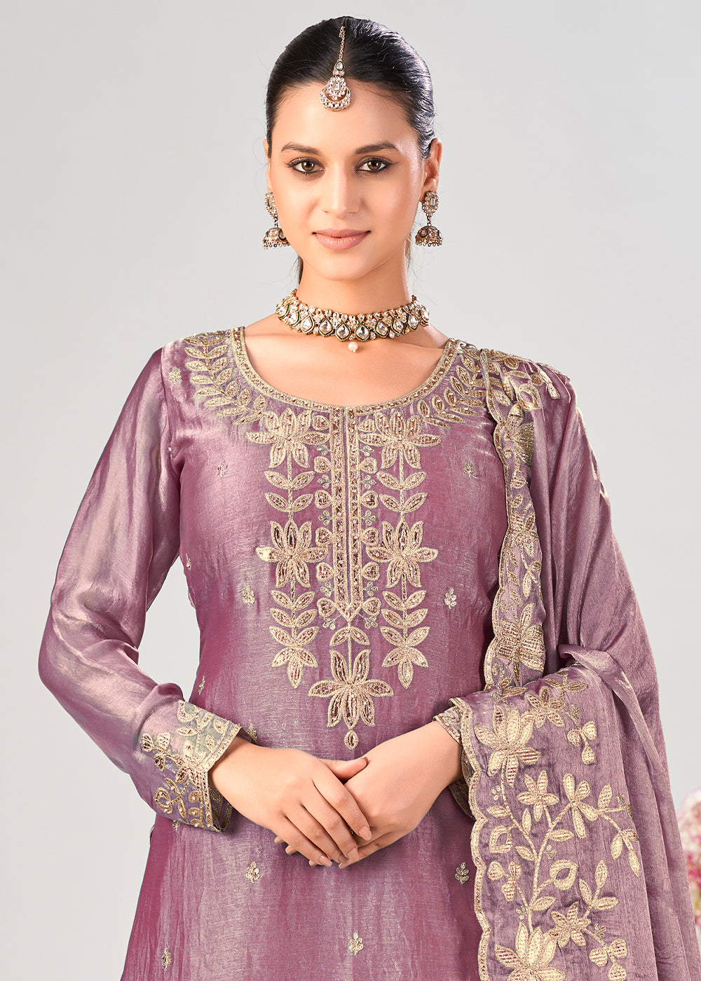 Orchid Mauve Purple Silk Palazzo Suit Set with Gota & Zarkan Work