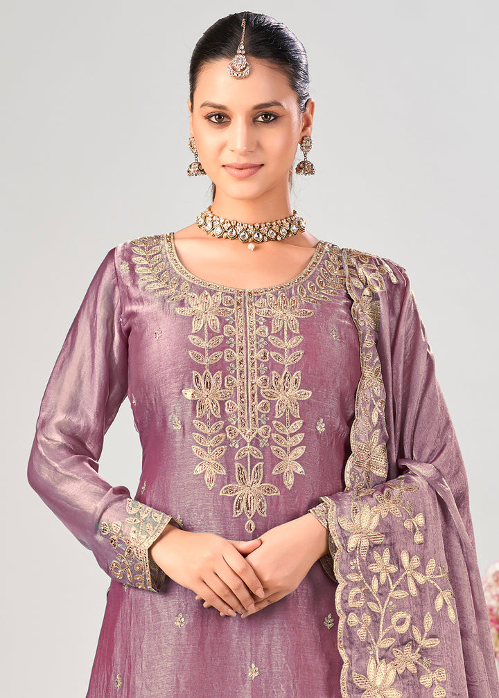 Orchid Mauve Purple Silk Palazzo Suit Set with Gota & Zarkan Work