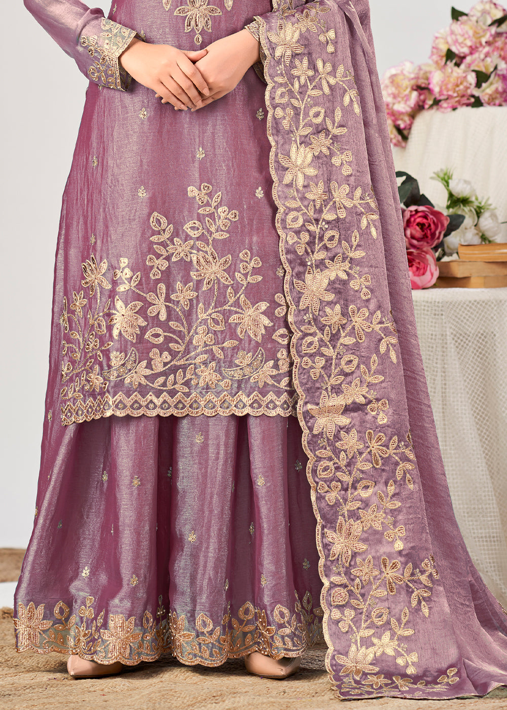 Orchid Mauve Purple Silk Palazzo Suit Set with Gota & Zarkan Work