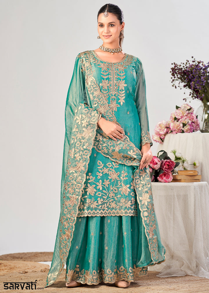 Cyan Blue Silk Palazzo Suit Set with Gota & Zarkan Work