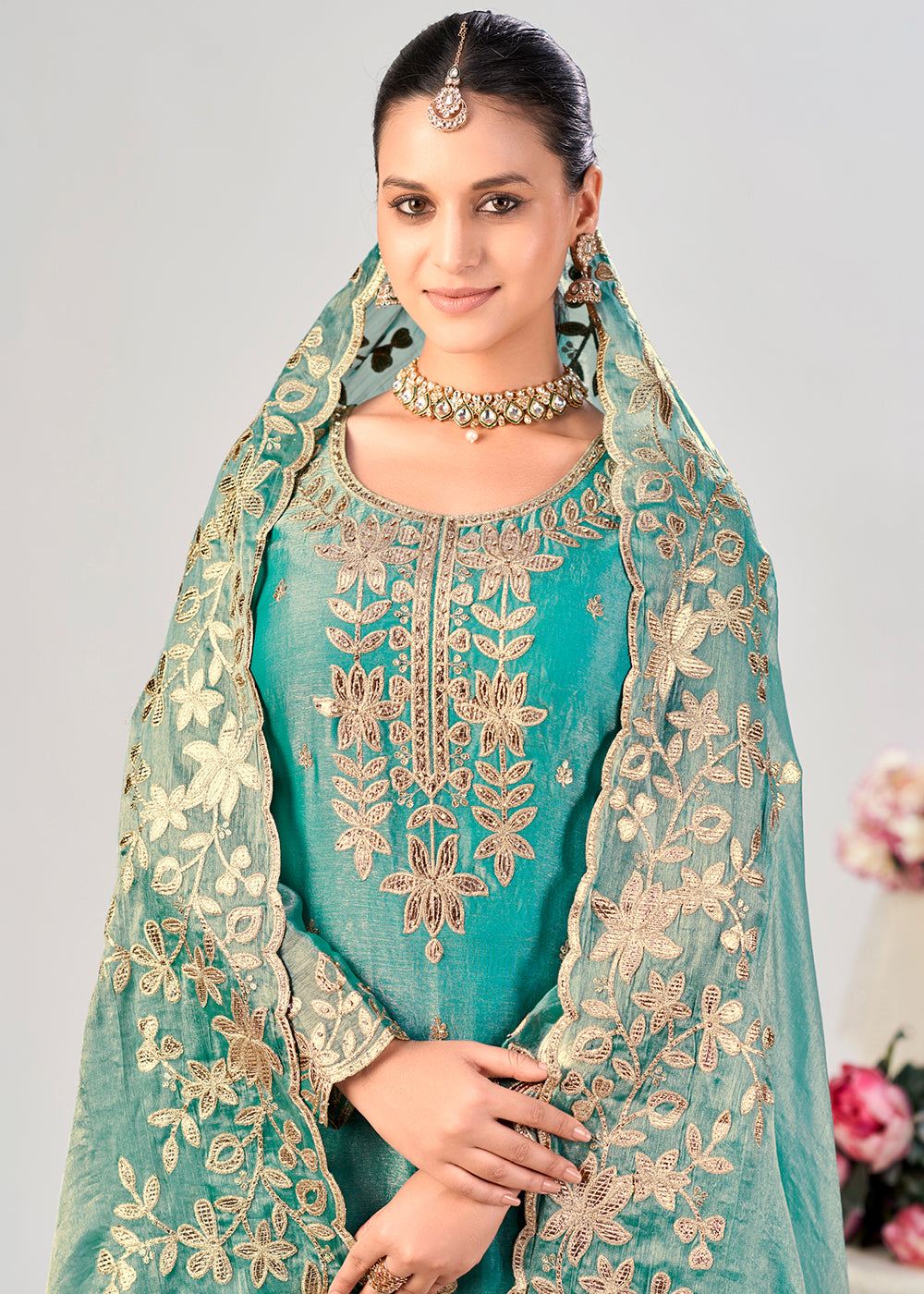 Cyan Blue Silk Palazzo Suit Set with Gota & Zarkan Work