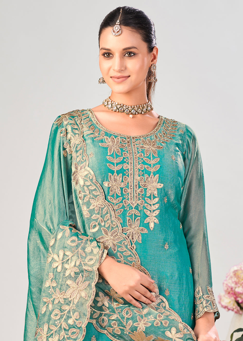 Cyan Blue Silk Palazzo Suit Set with Gota & Zarkan Work