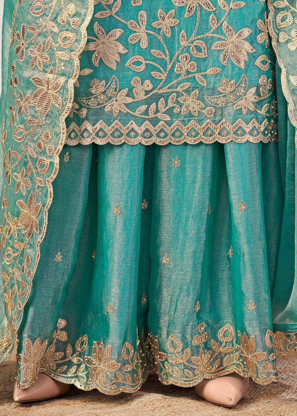Cyan Blue Silk Palazzo Suit Set with Gota & Zarkan Work