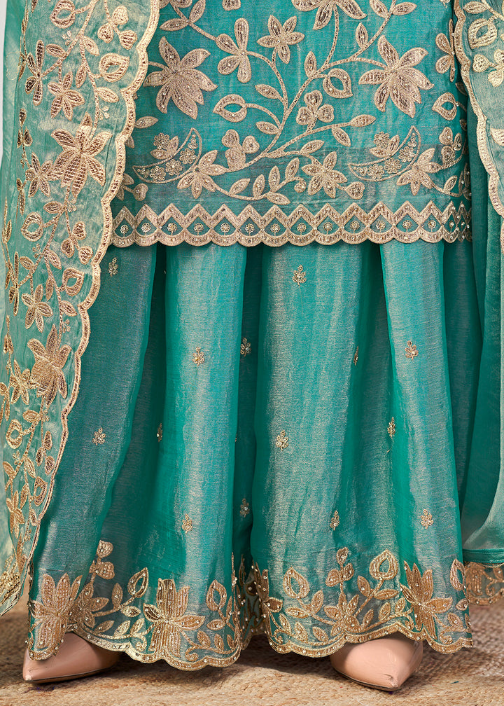 Cyan Blue Silk Palazzo Suit Set with Gota & Zarkan Work