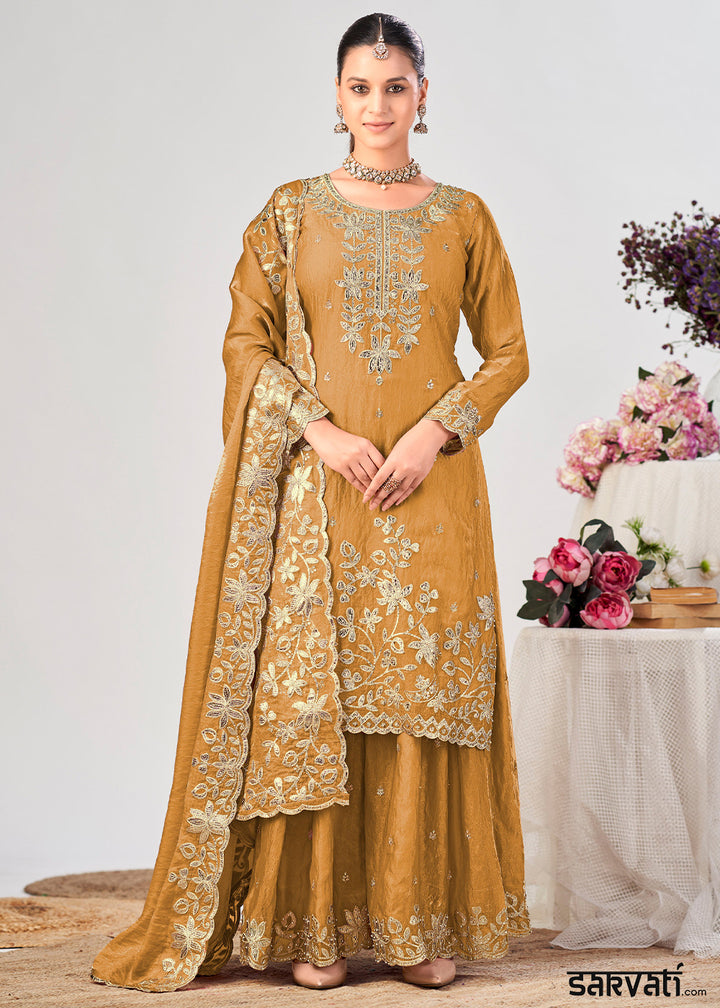 Bronze Brown Silk Palazzo Suit Set with Gota & Zarkan Work