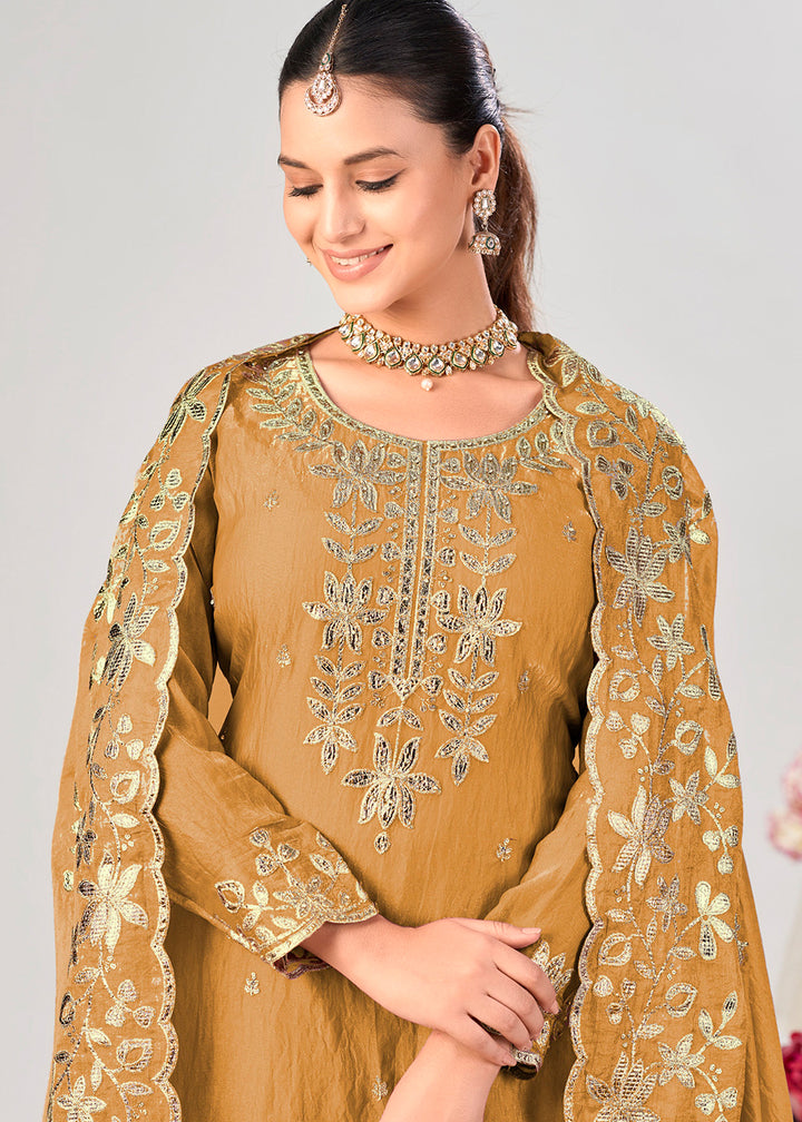 Bronze Brown Silk Palazzo Suit Set with Gota & Zarkan Work