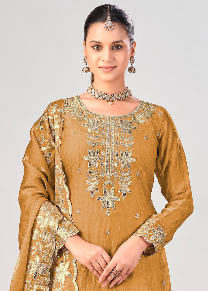 Bronze Brown Silk Palazzo Suit Set with Gota & Zarkan Work