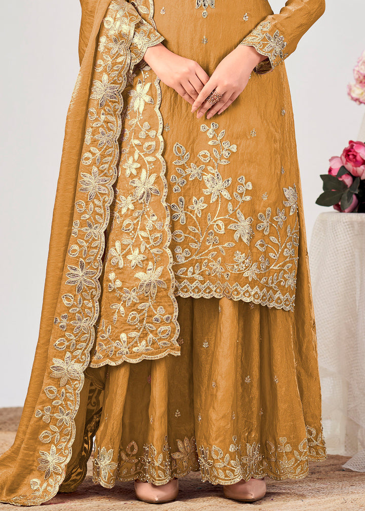 Bronze Brown Silk Palazzo Suit Set with Gota & Zarkan Work